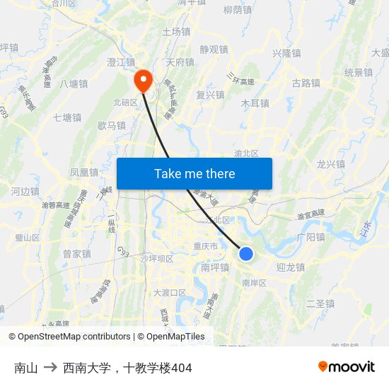 南山 to 西南大学，十教学楼404 map