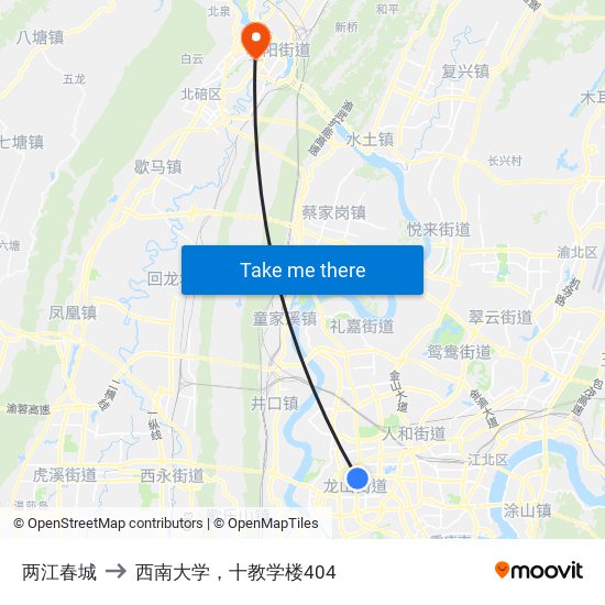 两江春城 to 西南大学，十教学楼404 map