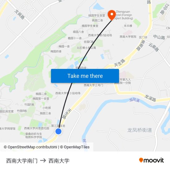 西南大学南门 to 西南大学 map