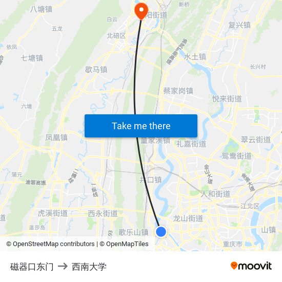 磁器口东门 to 西南大学 map