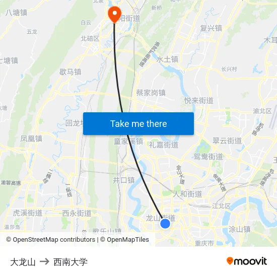 大龙山 to 西南大学 map