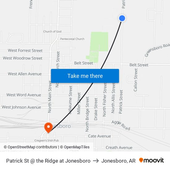 Patrick St @ the Ridge at Jonesboro to Jonesboro, AR map