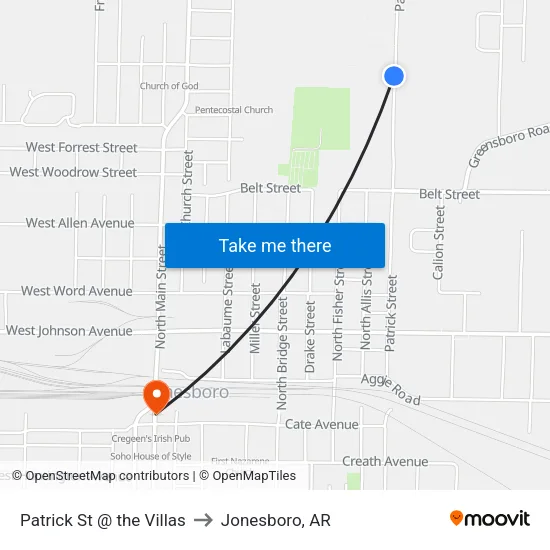 Patrick St @ the Villas to Jonesboro, AR map