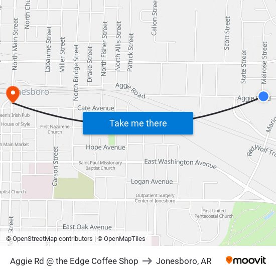 Aggie Rd @ the Edge Coffee Shop to Jonesboro, AR map