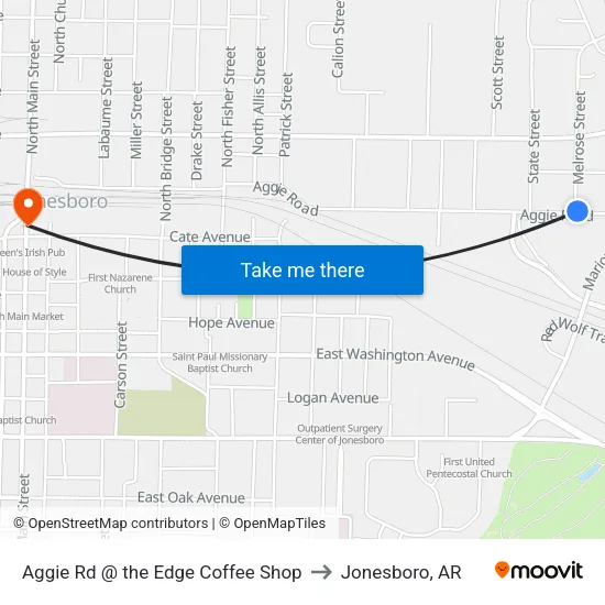 Aggie Rd @ the Edge Coffee Shop to Jonesboro, AR map