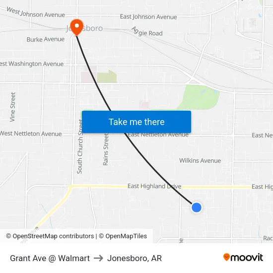 Grant Ave @ Walmart to Jonesboro, AR map