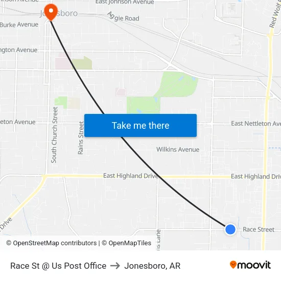 Race St @ Us Post Office to Jonesboro, AR map