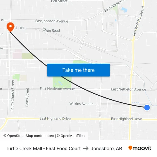 Turtle Creek Mall - East Food Court to Jonesboro, AR map