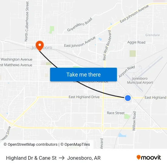Highland Dr & Cane St to Jonesboro, AR map