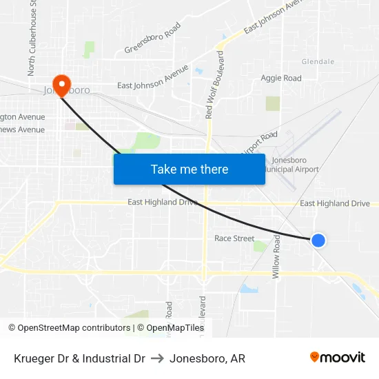 Krueger Dr & Industrial Dr to Jonesboro, AR map