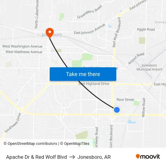 Apache Dr & Red Wolf Blvd to Jonesboro, AR map
