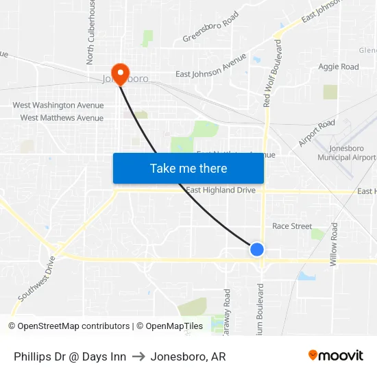Phillips Dr @ Days Inn to Jonesboro, AR map