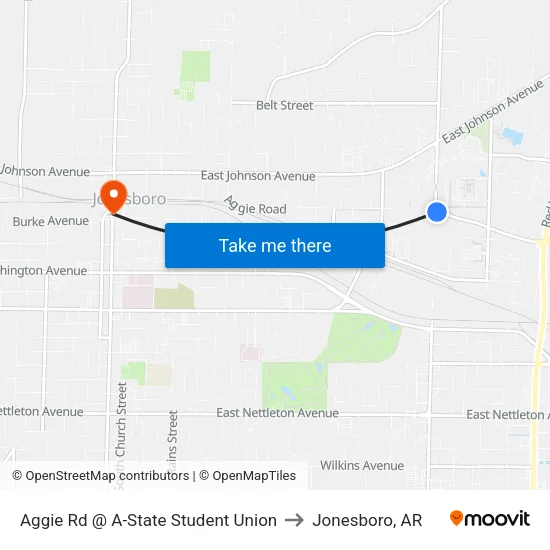 Aggie Rd @ A-State Student Union to Jonesboro, AR map