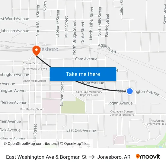 East Washington Ave & Borgman St to Jonesboro, AR map