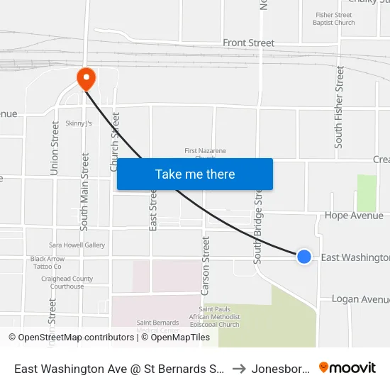 East Washington Ave @ St Bernards Senior Center to Jonesboro, AR map
