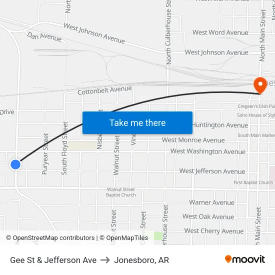 Gee St & Jefferson Ave to Jonesboro, AR map