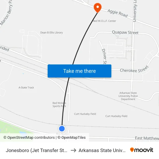 Jonesboro (Jet Transfer Station) to Arkansas State University map