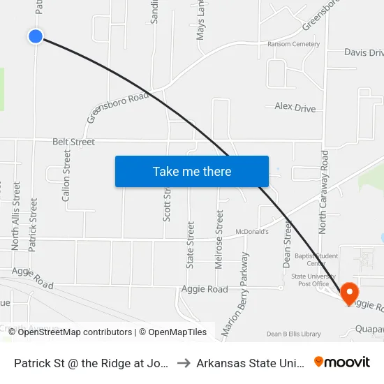 Patrick St @ the Ridge at Jonesboro to Arkansas State University map