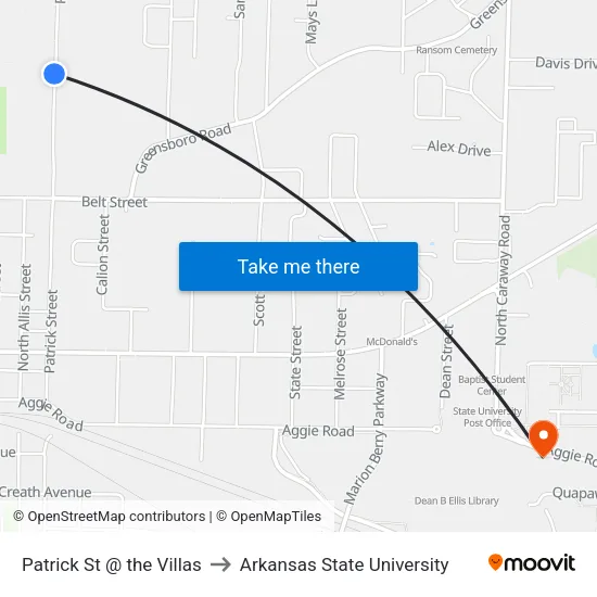 Patrick St @ the Villas to Arkansas State University map