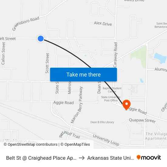 Belt St @ Craighead Place Apartments to Arkansas State University map