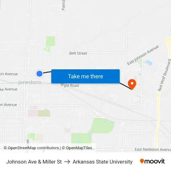 Johnson Ave & Miller St to Arkansas State University map