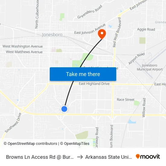 Browns Ln Access Rd @ Burger King to Arkansas State University map