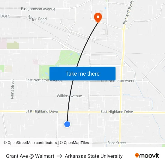 Grant Ave @ Walmart to Arkansas State University map