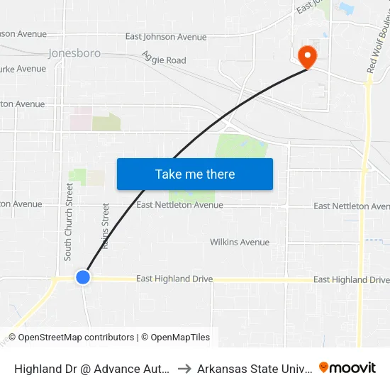 Highland Dr @ Advance Auto Parts to Arkansas State University map