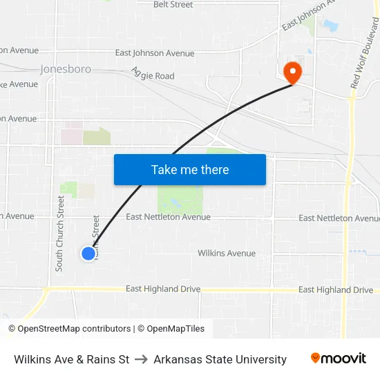 Wilkins Ave & Rains St to Arkansas State University map