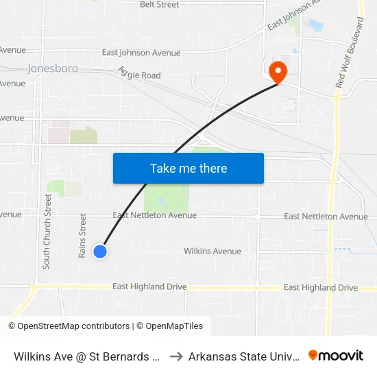 Wilkins Ave @ St Bernards Village to Arkansas State University map