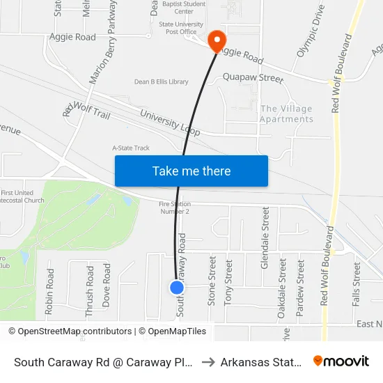 South Caraway Rd @ Caraway Plaza Shopping Center to Arkansas State University map