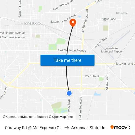 Caraway Rd @ Ms Express (Greyhound) to Arkansas State University map