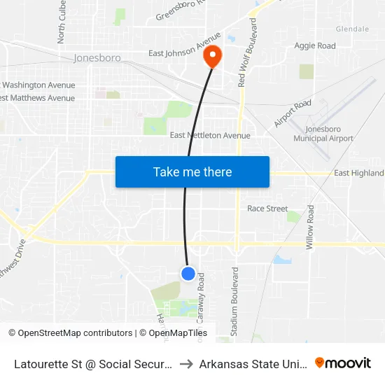Latourette St @ Social Security Office to Arkansas State University map