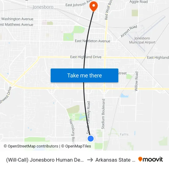 (Will-Call) Jonesboro Human Development Center to Arkansas State University map