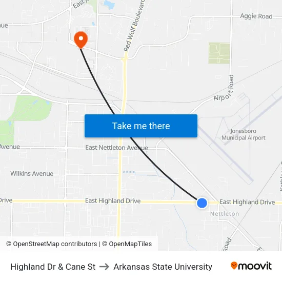 Highland Dr & Cane St to Arkansas State University map