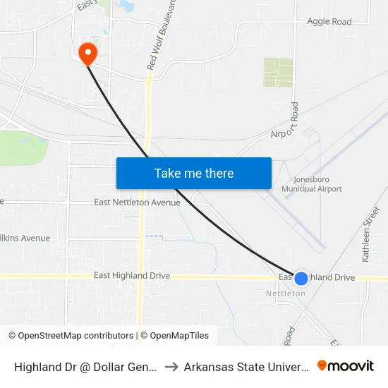 Highland Dr @ Dollar General to Arkansas State University map