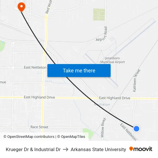 Krueger Dr & Industrial Dr to Arkansas State University map