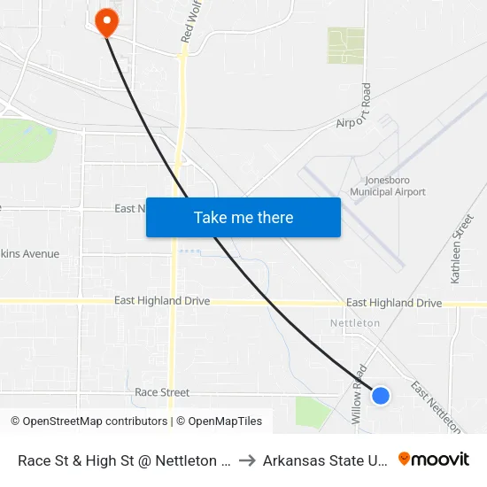 Race St & High St @ Nettleton High School to Arkansas State University map