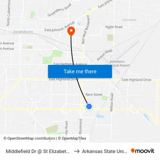 Middlefield Dr @ St Elizabeth's Place to Arkansas State University map