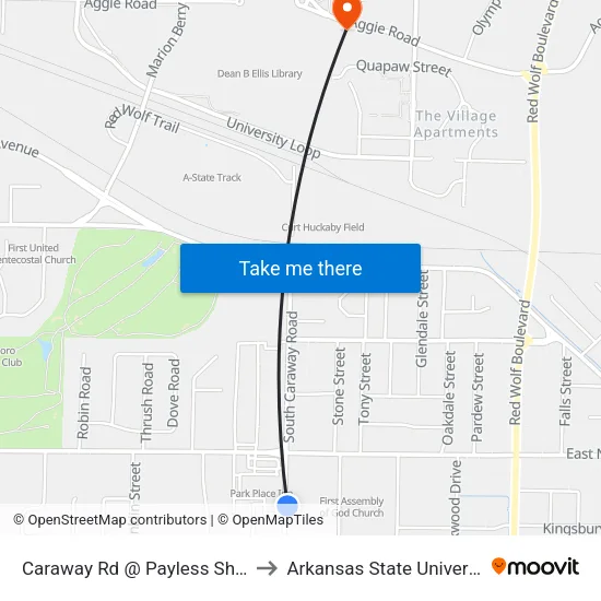 Caraway Rd @ Payless Shoes to Arkansas State University map