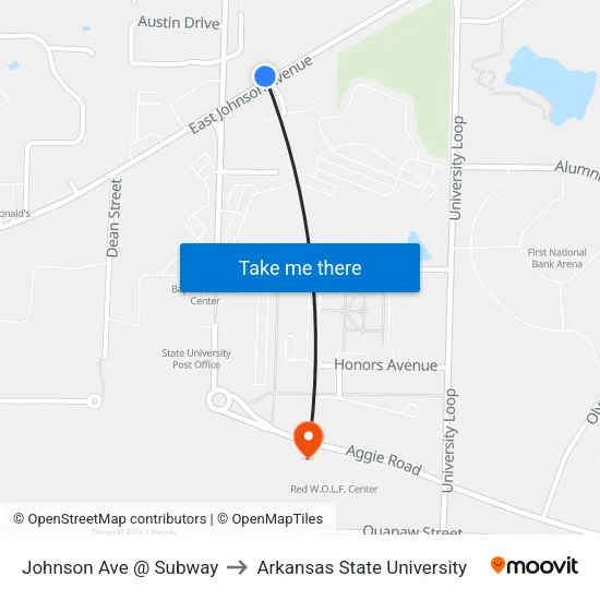 Johnson Ave @ Subway to Arkansas State University map