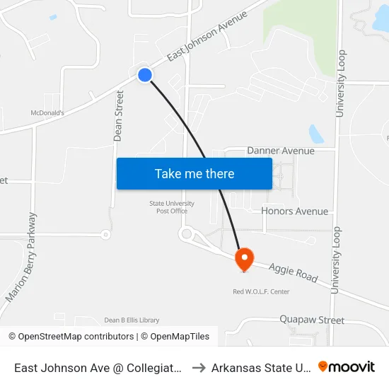 East Johnson Ave @ Collegiate Apartments to Arkansas State University map