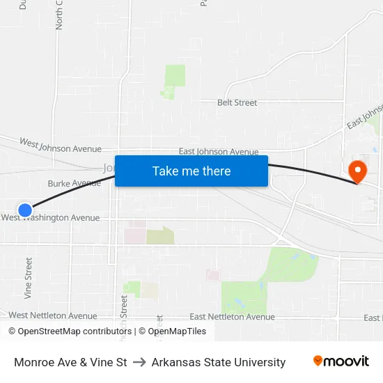 Monroe Ave & Vine St to Arkansas State University map