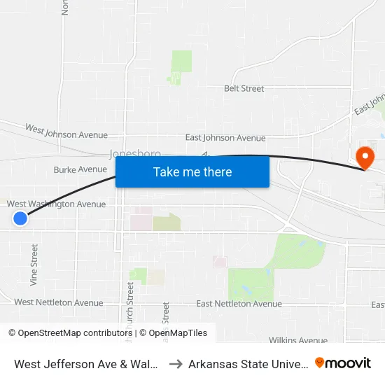 West Jefferson Ave & Walnut St to Arkansas State University map