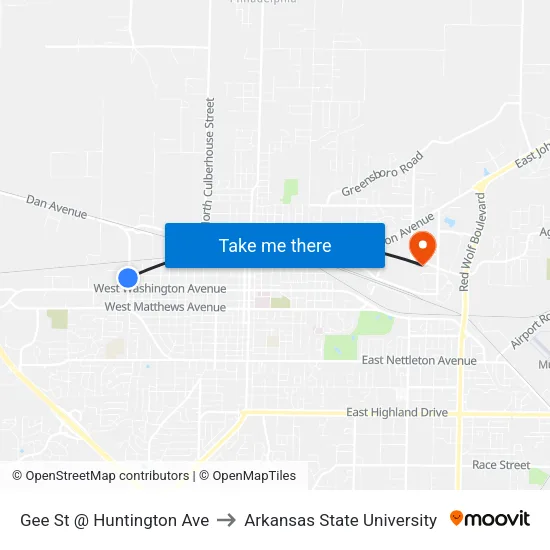 Gee St @ Huntington Ave to Arkansas State University map
