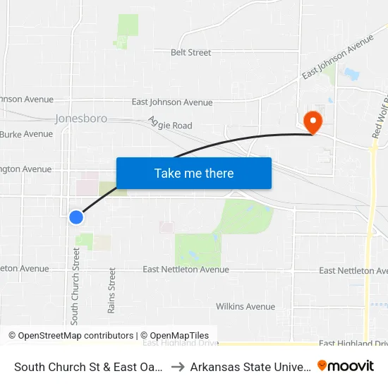 South Church St & East Oak Ave to Arkansas State University map