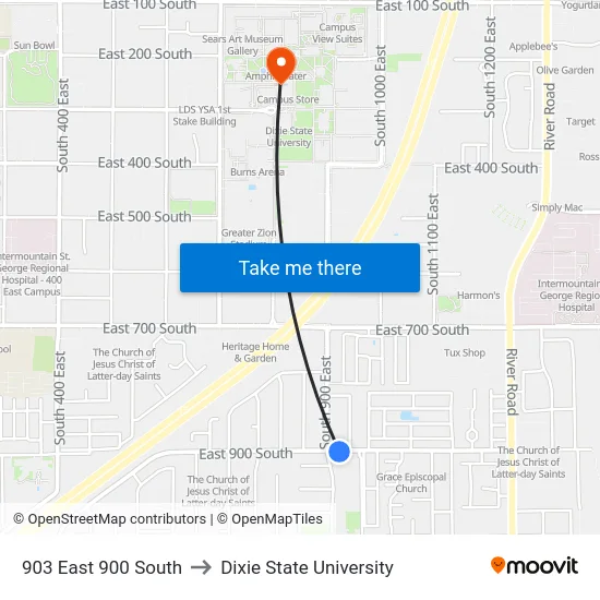 903 East 900 South to Dixie State University map