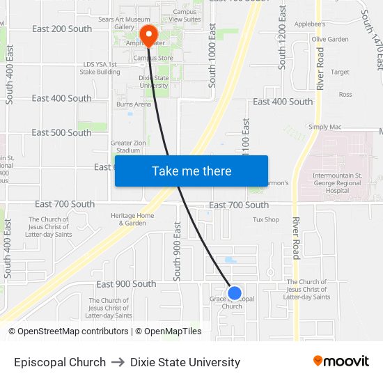 Episcopal Church to Dixie State University map