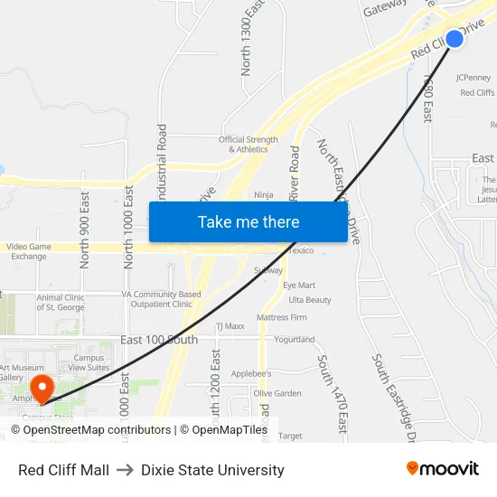 Red Cliff Mall to Dixie State University map