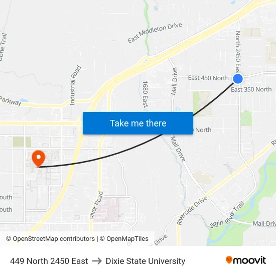 449 North 2450 East to Dixie State University map